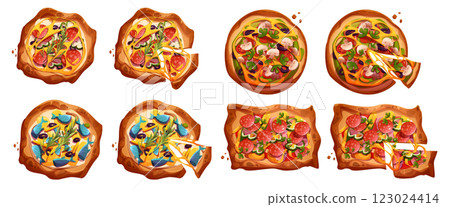 Cartoon pizza set top view Cartoon pizza set top view 123024414