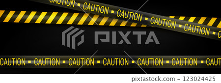 Diagonal black and yellow warning tape stripes 123024425