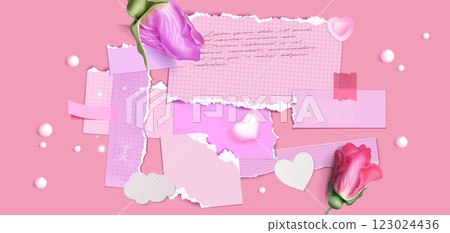 Romantic pink composition with ripped grid paper 123024436