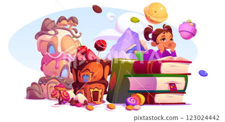 Dreamy girl read open tale book 123024442