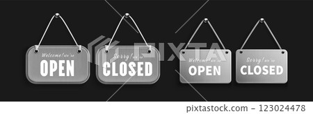Metallic board signs with open closed status 123024478