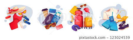 Summer voyage suitcase. Travel luggage set vector 123024539