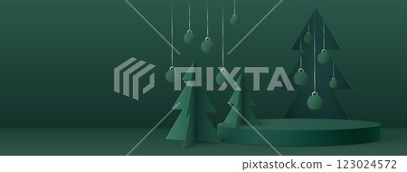Green minimalist Christmas composition with podium Green minimalist Christmas composition with podium 123024572
