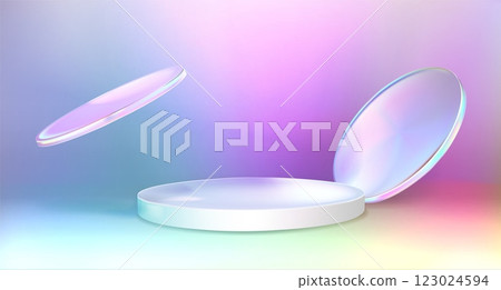 Minimalist hologram podium with flying disks Minimalist hologram podium with flying disks 123024594