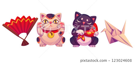 Maneki lucky cat. Japanese fortune neko toy vector 123024608