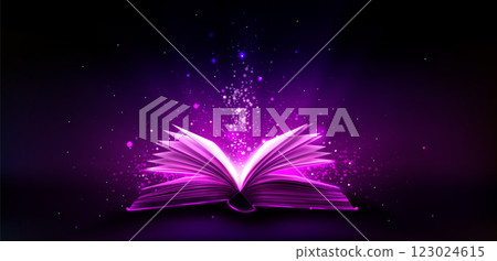 Open magic book radiating bright pink light 123024615