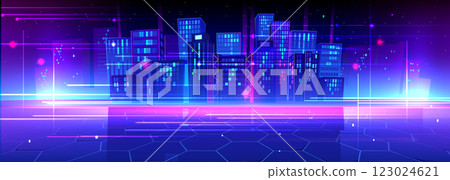 Neon metaverse city. Tech building background 123024621