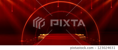 Golden podium with red carpet and glowing arches. 123024631