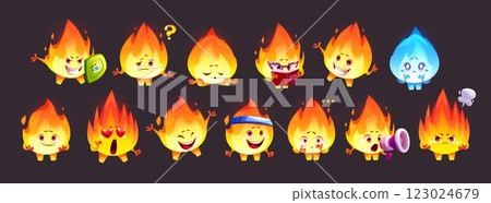 Cute flame mascot emotions and actions set Cute flame mascot emotions and actions set 123024679