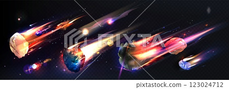 Flaming asteroid and colorful comets. 123024712