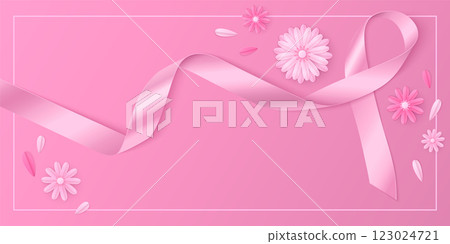 Pink breast cancer background with ribbon vector 123024721