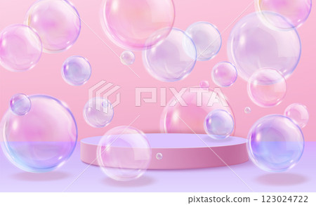 Transparent floating bubbles and pink podium 123024722
