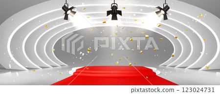 Runway red carpet leading to circular stair podium 123024731