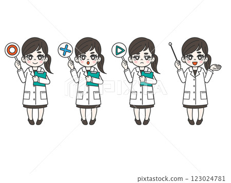 A set of facial expressions and poses of a woman in a white coat holding a round, cross, and triangle tag and a pointer 123024781
