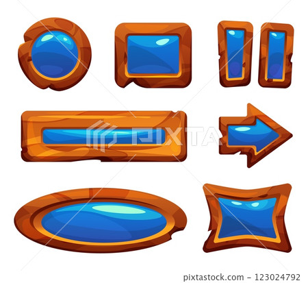 Wooden game ui elements with blue crystal inlays. 123024792