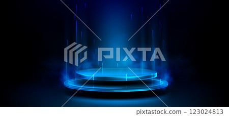 Neon light circular platform on black background. Neon light circular platform on black background. 123024813