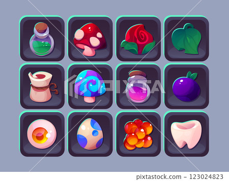 Game inventory icon collection with magical items Game inventory icon collection with magical items 123024823