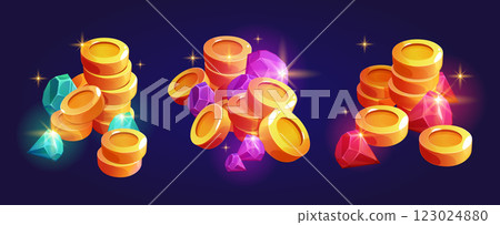 Glowing treasure - stacked gold coins and gems Glowing treasure - stacked gold coins and gems 123024880