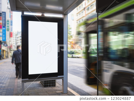 Mock up Billboard Banner at Bus stop Media advertisement outdoor City street Mock up Billboard Banner at Bus stop Media advertisement outdoor City street 123024887