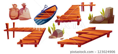Set of wooden fishing pier cartoon elements Set of wooden fishing pier cartoon elements 123024906