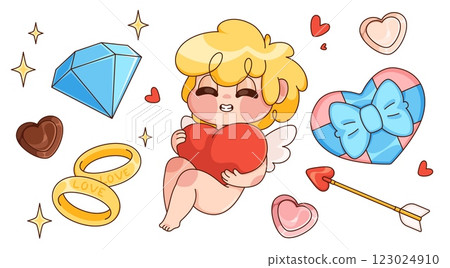 Cute retro Cupid character with romantic symbols 123024910