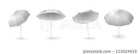White umbrella mockup. Outdoor beach sun parasol 123024919