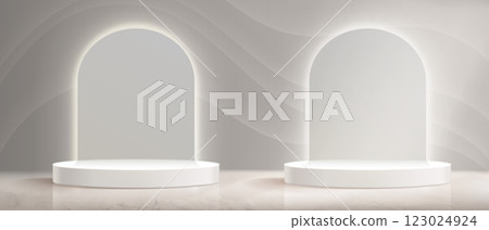White circular podiums beneath illuminated arches. White circular podiums beneath illuminated arches. 123024924
