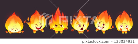 Cartoon flame mascot showing various emotions 123024931