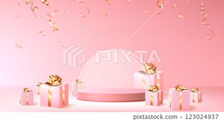 Pink podium display with wrapped gift boxes 123024937