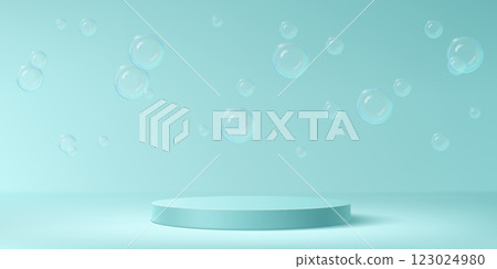 Turquoise circular podium with soap bubbles 123024980
