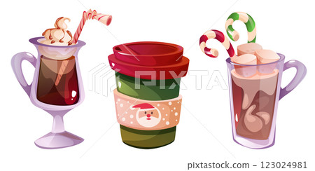 Holiday hot chocolate set with festive beverages 123024981
