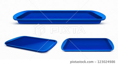 Blue rectangle plastic lunch tray side view mockup 123024986