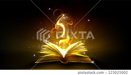 Magic book with golden light and shimmering stars. 123025002