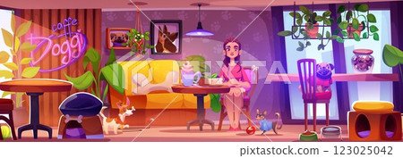 Woman in dog friendly cafe 123025042