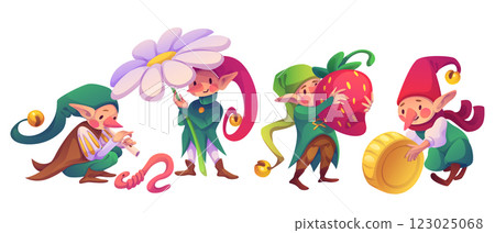 Cute gnomes in whimsical activities. 123025068