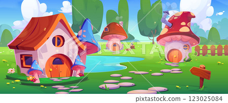 Fairy tale landscape with mushroom houses Fairy tale landscape with mushroom houses 123025084