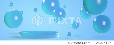 Floating blue sphere composition, circular podium Floating blue sphere composition, circular podium 123025146