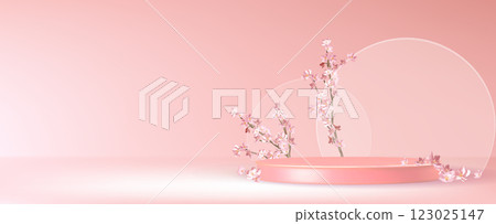 Pink display podium with delicate sakura blossoms 123025147