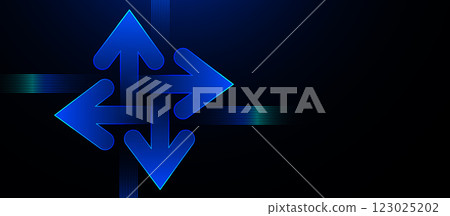 Futuristic Glowing Blue Four-Way Arrow on Dark Digital Background Futuristic Glowing Blue Four-Way Arrow on Dark Digital Background 123025202