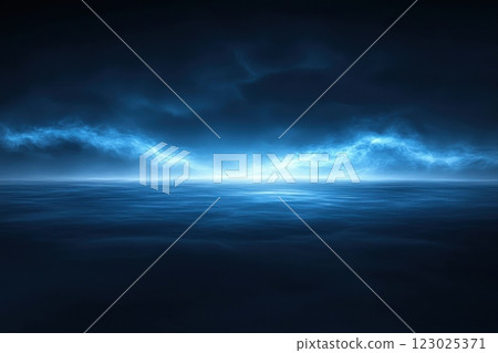 Mysterious stormy sea ocean digital art dark environment wide-angle view atmospheric tension 123025371