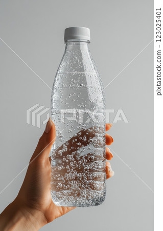 Refreshing sparkling water bottle modern kitchen setting beverage photography minimalist environment close-up view hydration concept 123025401