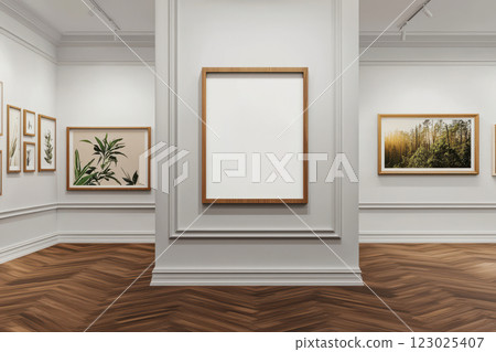 Art exhibition with empty frame modern gallery visual art contemporary eye-level creativity 123025407