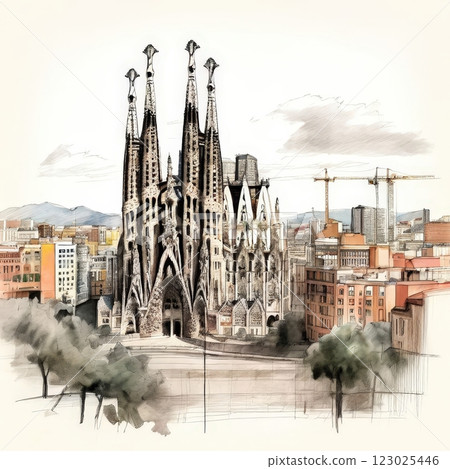 the AI Image Generator, Pencil Sketch of Iconic Basilica Overlooking Cityscape 123025446
