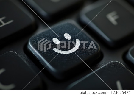 Smiling emotion expressed on keyboard key digital workspace close-up image modern office macro view happiness concept 123025475