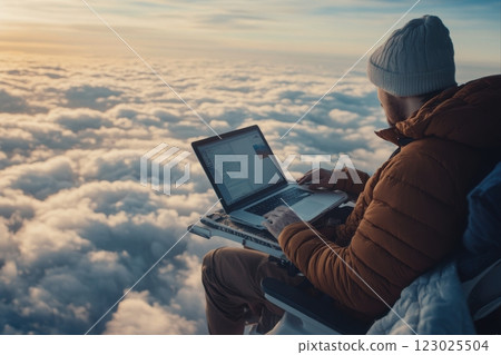 Cloud computing adventure remote work journey above the clouds stunning skies digital nomad experience 123025504