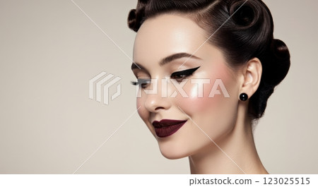 Elegant vintage glamour portrait of young caucasian woman with classic hairstyle and makeup Elegant vintage glamour portrait of young caucasian woman with classic hairstyle and makeup 123025515
