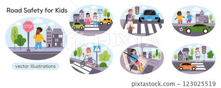 Vector illustration set, road safety for kids. Boys and girls cartoon characters in flat urban scenes. Traffic rules for pedestrians, crosswalks, stop signs, children bicycle helmet, child in car seat 123025519