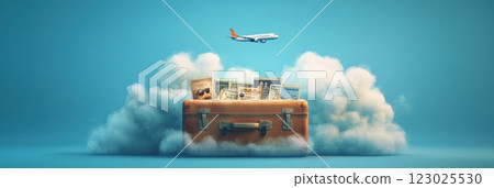Travel adventure suitcase airplane flight cloudy sky creative concept inspirational perspective 123025530