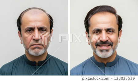 Transformation of mature middle eastern male showing before and after expressions for personal growth conceptual design 123025539