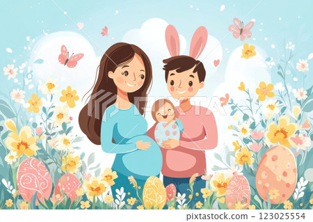 Cheerful spring celebration family in a newborn flower garden illustrative scene 123025554
